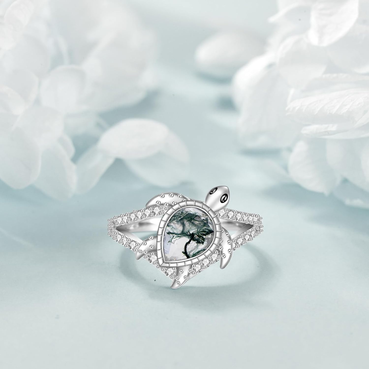 KZX Sea Turtle Ring 925 Sterling Silver Moss Agate Turtle Ring Jewelry Gift for Women Size 6/7/8/9 - Image 3