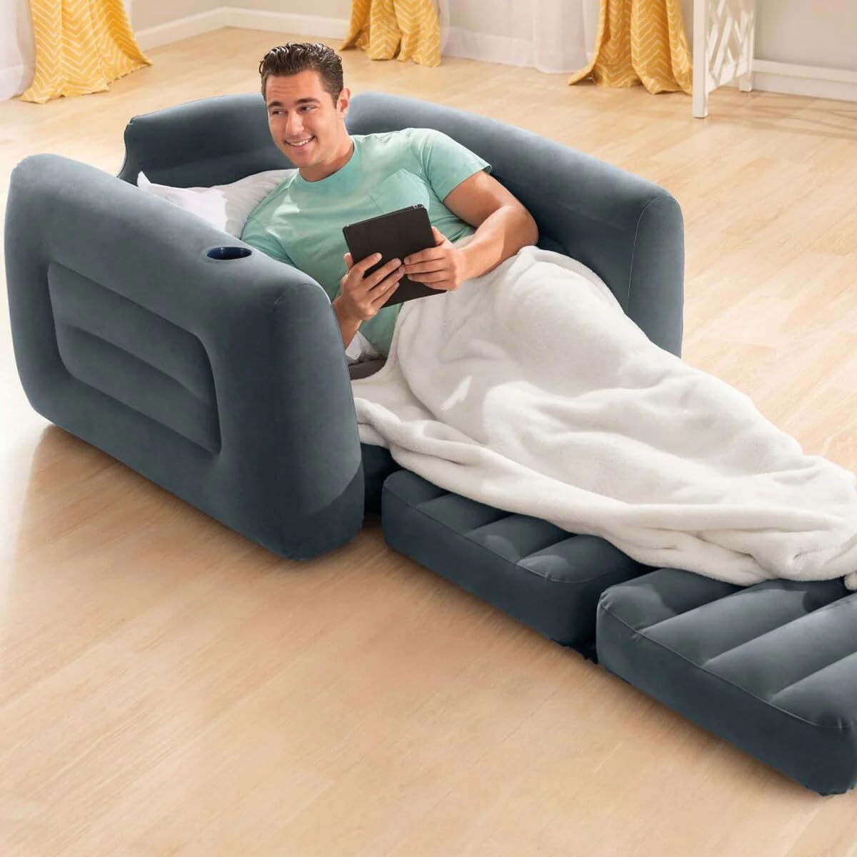 INTEX 66551NP - Sillón cama hinchable 2 en 1, para Relax, con Reposabrazos, Poliuretano, Gris