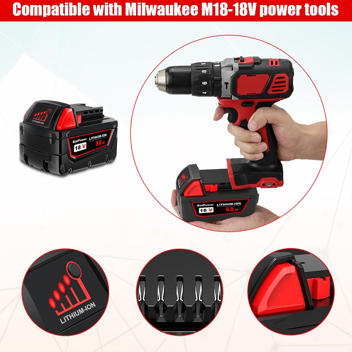 BatPower 18V 9Ah High Capacity Lithium Battery - Replacement for Milwaukee 18V M18 Batteries 48-11-1890 48-11-1880