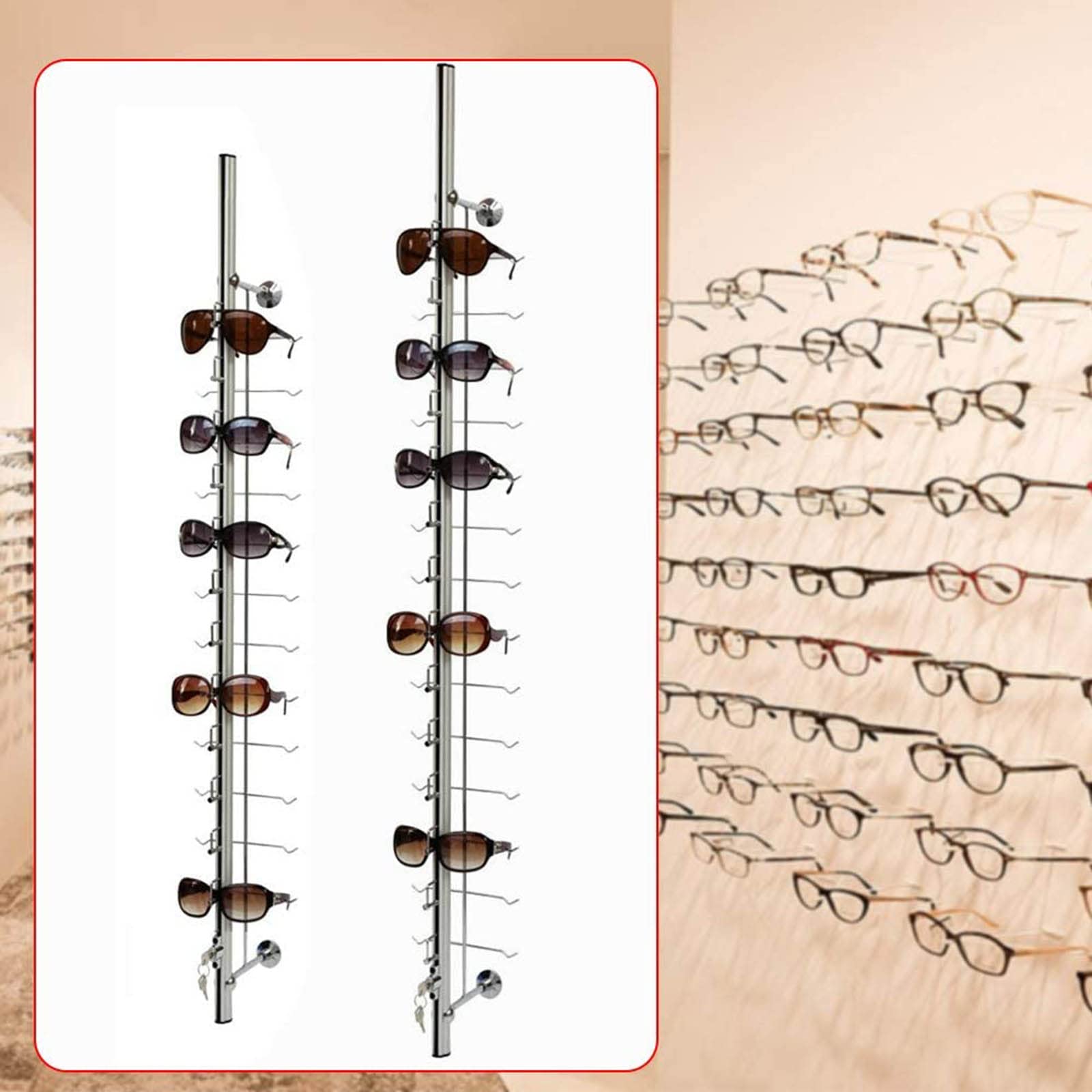 10 soportes de aluminio para gafas de sol de pared, soporte de exhibición decorativo para 12 marcos, almacenamiento seguro para gafas de sol, gafas y gafas