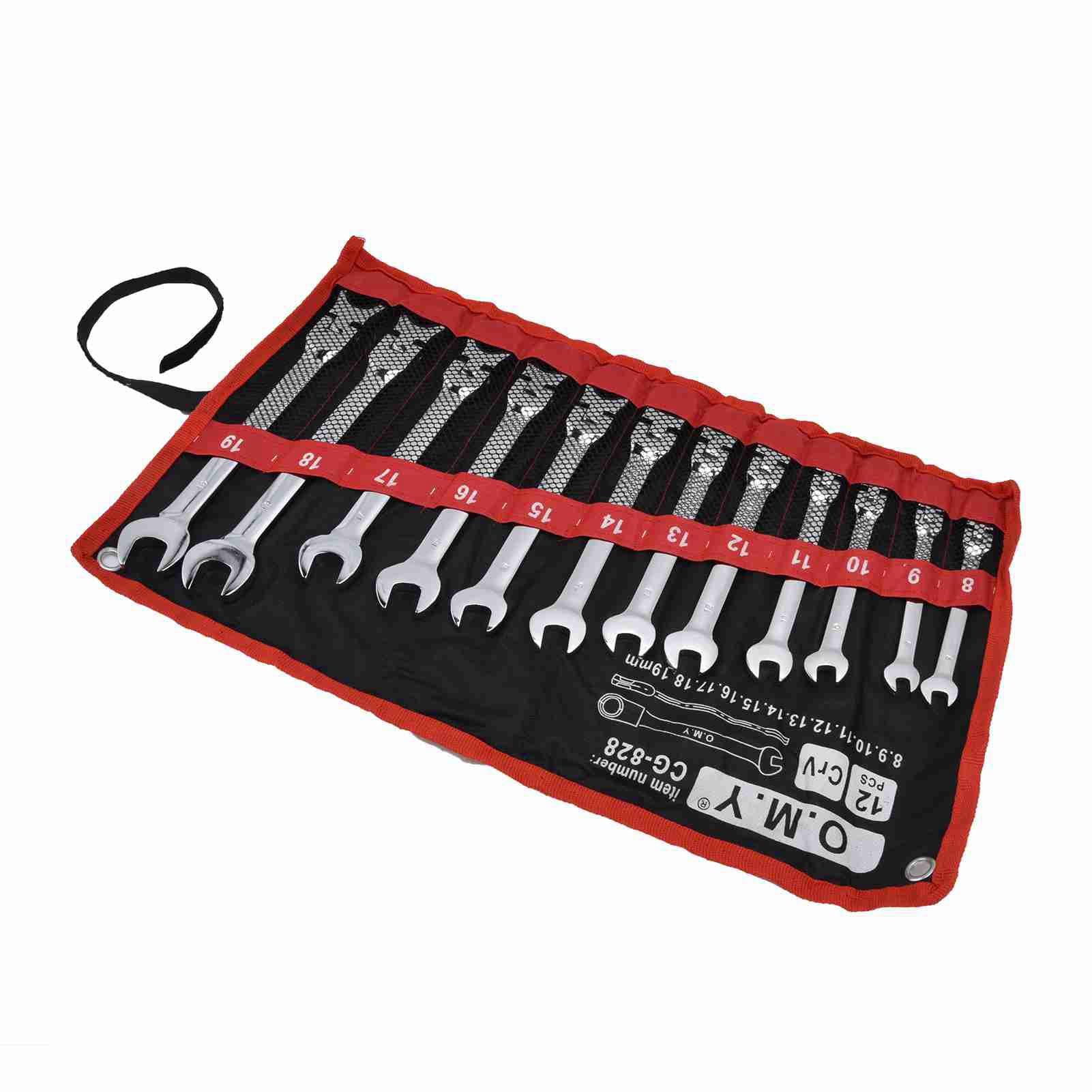 Set di Chiavi Combinate a Cricchetto da 12 Pezzi Kit di Chiavi Combinate da 8-19 Mm in Acciaio con Custodia, Set di a Cricchetto (testa mobile)
