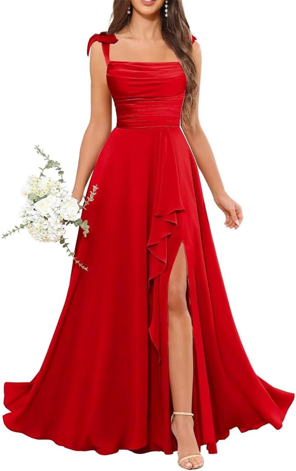 HPPEE Red Bridesmaid Dresses for Women with Slit Pleated Spaghetti Strap Cowl Neck Chiffon Evening Formal Gown UK12