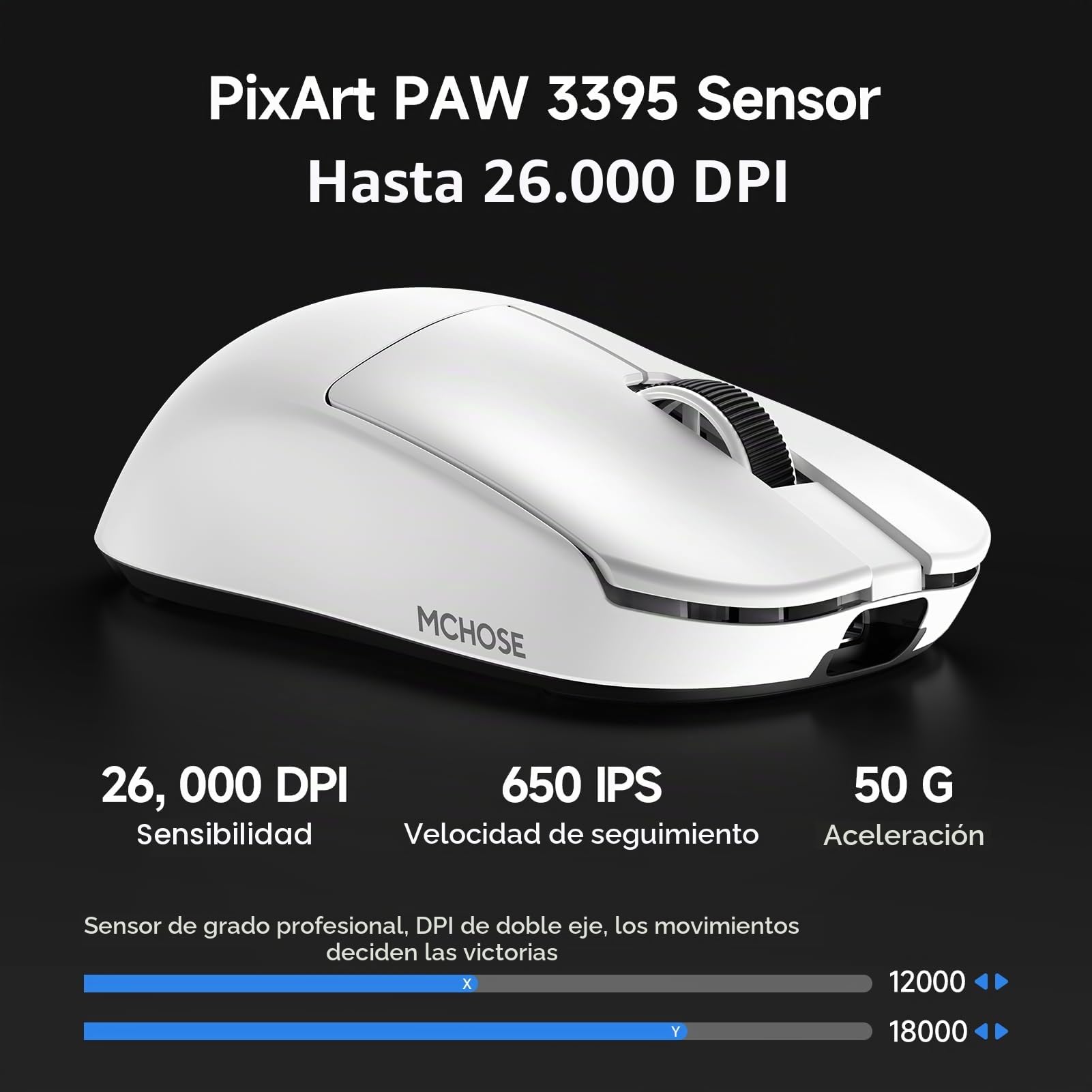 MCHOSE L7 Pro Ratón Gaming Inalámbrico - Ratón Ultraligero de 39g, 8000Hz de Frecuencia de Actualización Inalámbrica, 2,4G/BT/USB-C con Cable, 26000 dpi, 650 IPS, 200 Horas de Batería, Blanco