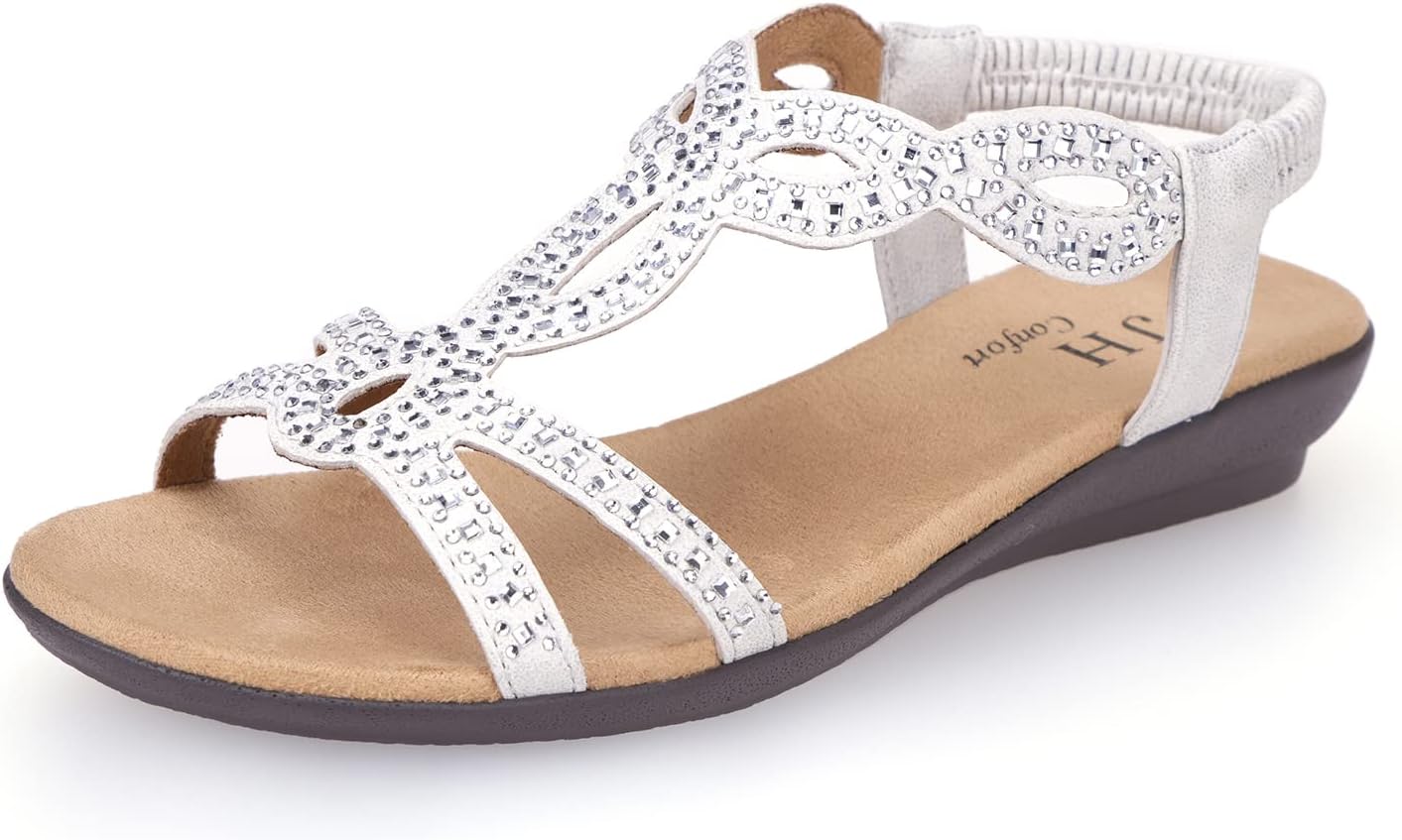 VJH confort Women’s Flat Sandals,Comfort Elastic Strap Rhinestone Open Toe Slip-On Casual Walking Sandals