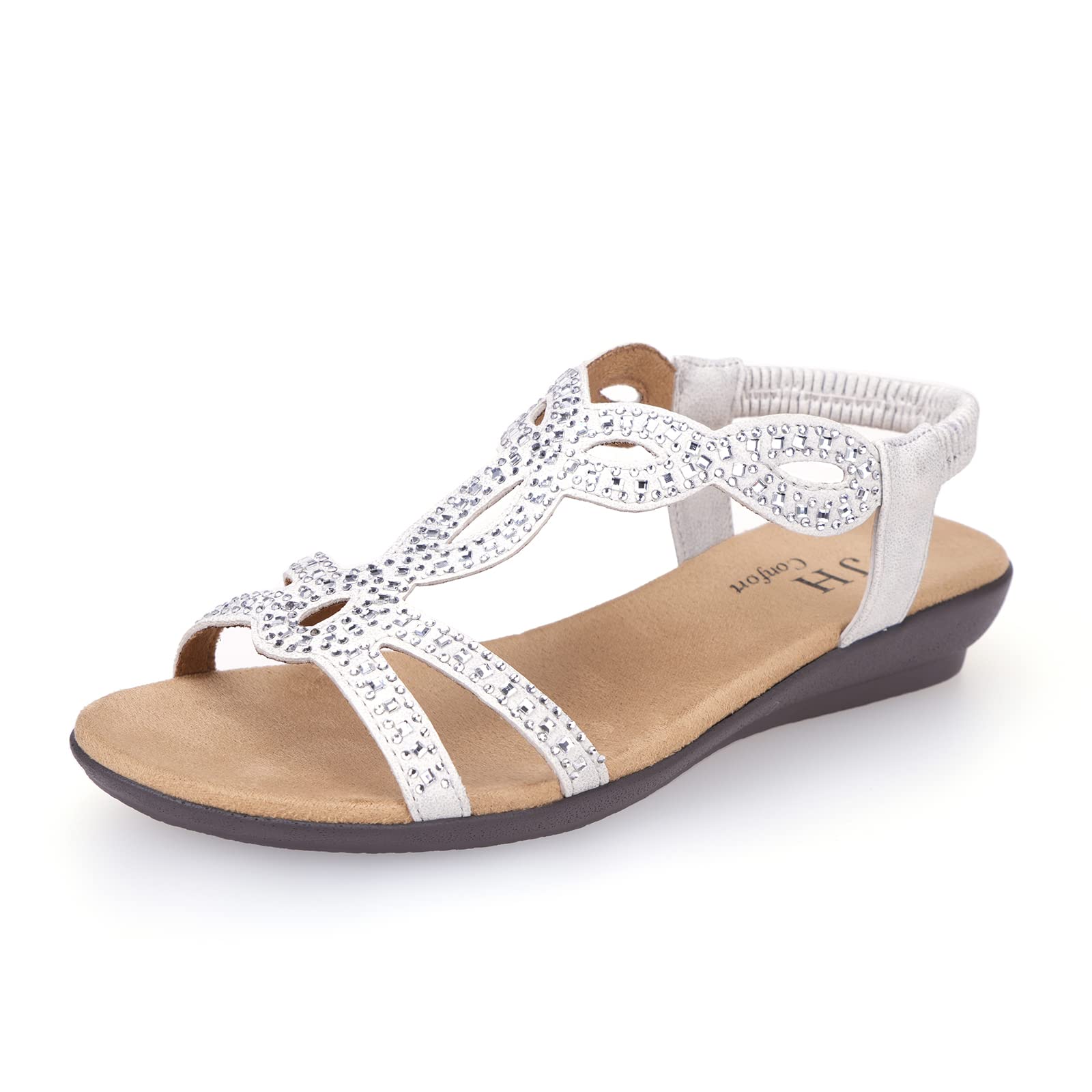 VJH confortWomen’s Flat Sandals,Comfort Elastic Strap Rhinestone Open Toe Slip-On Casual Walking Sandals