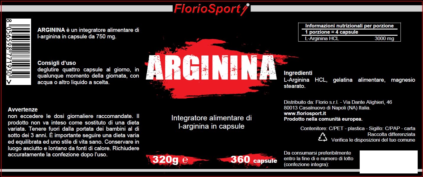 Arginina 360 capsule FlorioSport - Pura L-Arginine HCL ad Alto Dosaggio - Precursore di Ossido Nitrico (NO) che regola la Vasodilatazione e contribuisce alla Sintesi Proteica