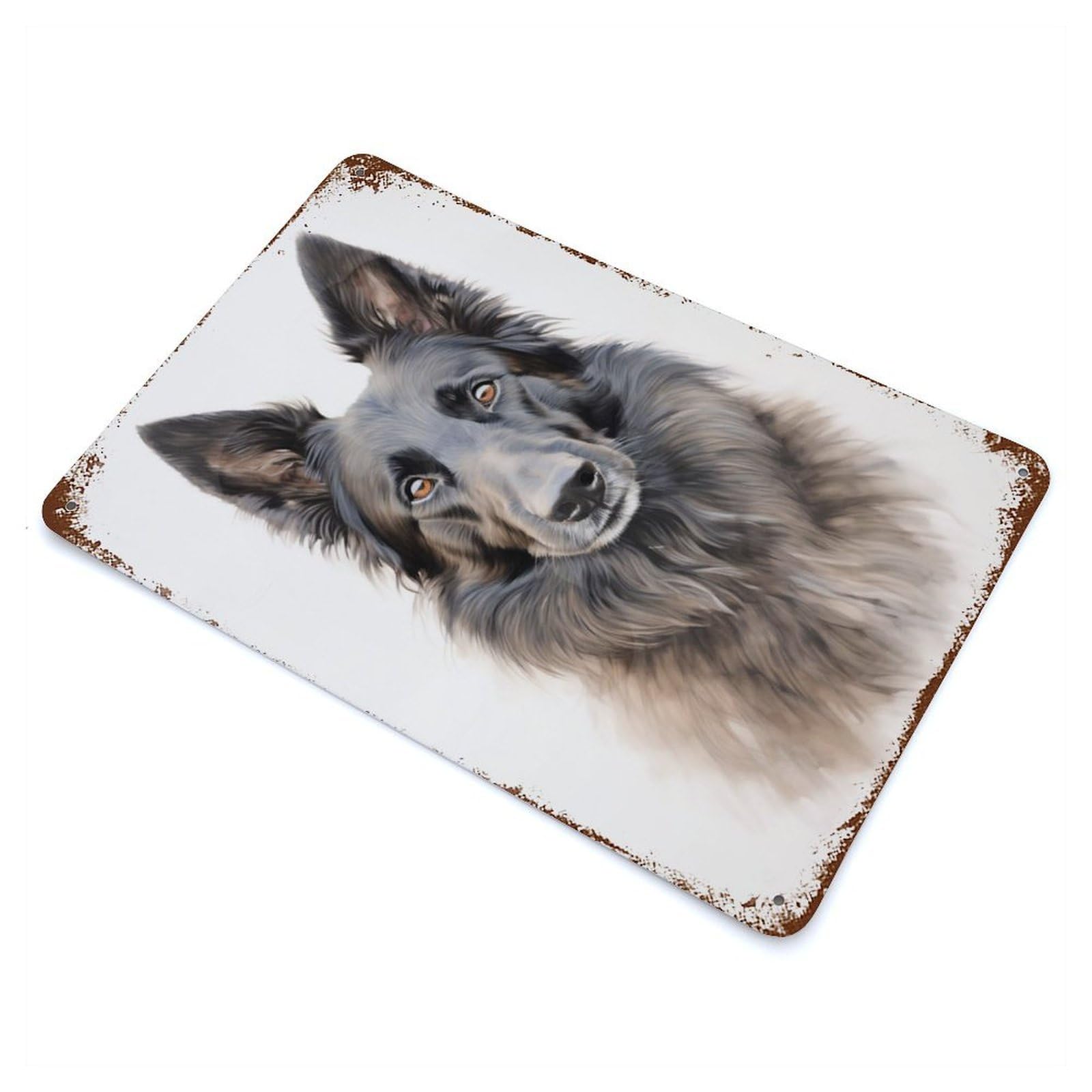 Weathered Tin Sign with Belgian Sheepdog Portrait Design 11.8"x7.9", for Garage, Bar And Workshop Decor, Decorative Metal Wall Art