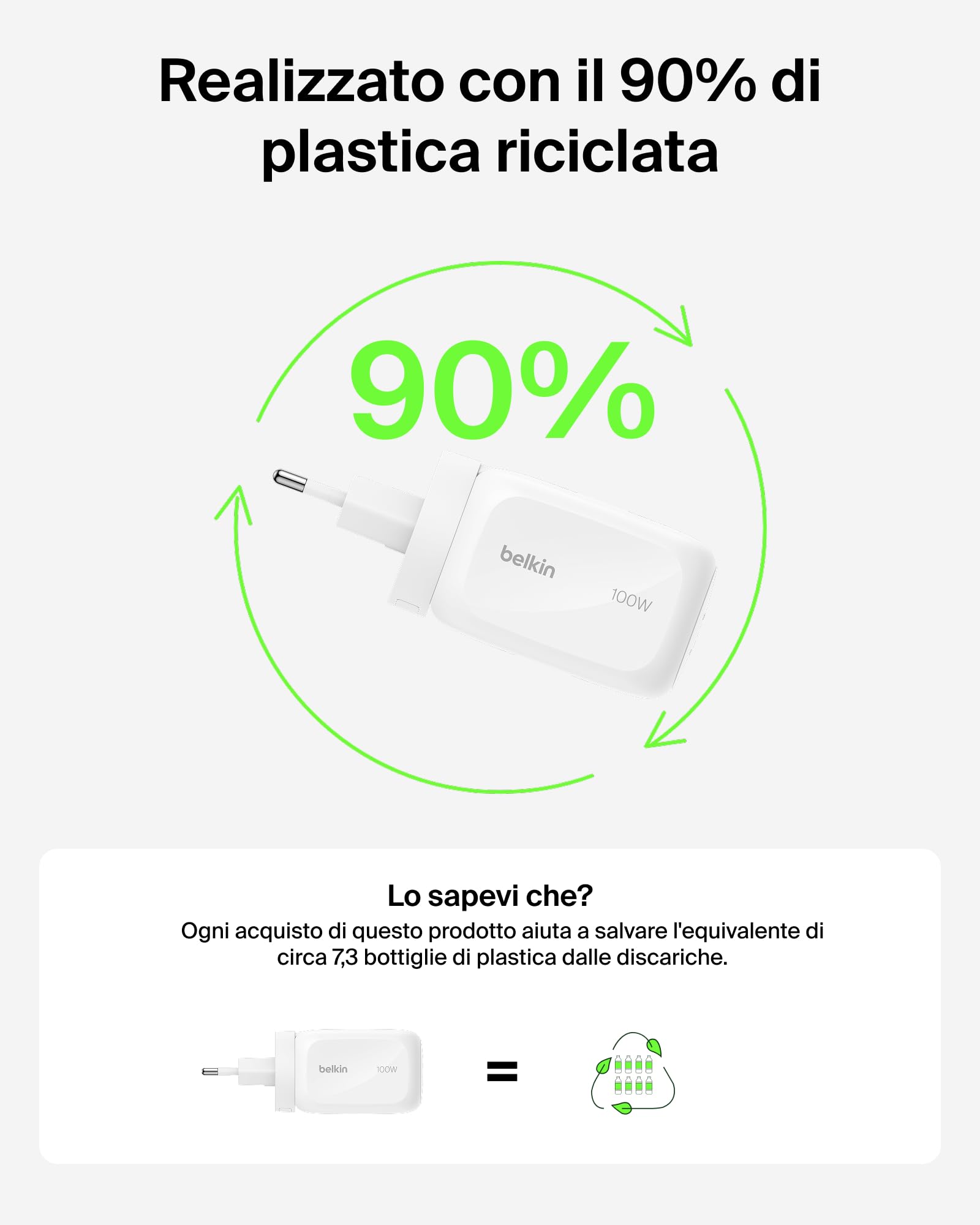 Belkin Caricatore da muro GaN USBC a 3 porte da 100 W, 2 porte USBC e 1 porta USBA, Spine incluse per UE-UK-US, Ricarica Rapida per MacBook, iPhone, iPad Pro, Samsung Galaxy, Google Pixel - Bianco