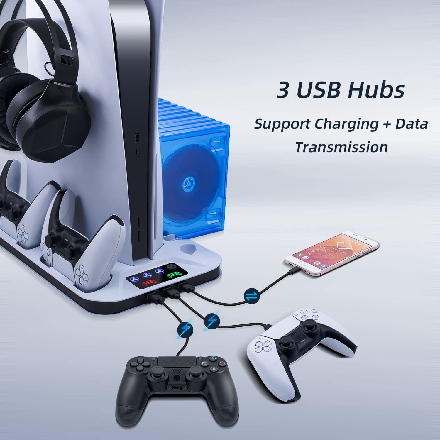 Wigearss Supporto Verticale di Raffreddamento PS5 con 3 Livelli di Velocità Regolabile del Ventilatore, Doppio Controller di Caricatore per PS5 UHD/Digital Edition, Non per PS5 Slim/PS5 Pro