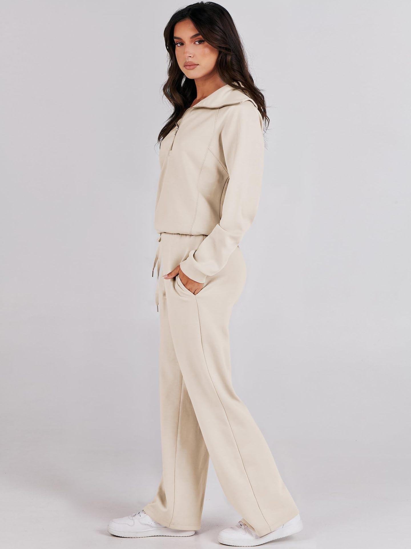 Set casual da donna in due pezzi per yoga, corsa, loungewear a maniche lunghe, felpa con mezza zip, top e pantaloni a gamba larga, abbigliamento da casa a maniche lunghe