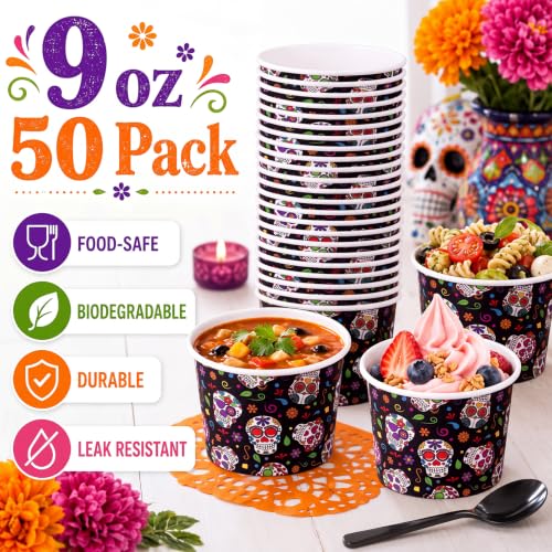 Image of Funnymoom 50 Pack Day of the Dead Paper Ice Cream Cups 9 oz Sugar Skull Disposable Dessert Bowls Soup Bowls Dia De Los Muertos Treat Snack Cups for Hot or Cold Food Halloween Mexican Party Supplies