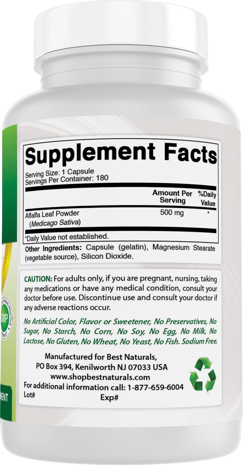 Best Naturals Alfalfa Green Super Food 500 mg 180 Capsules (180 Count (Pack of 2)) — Amazon image 6