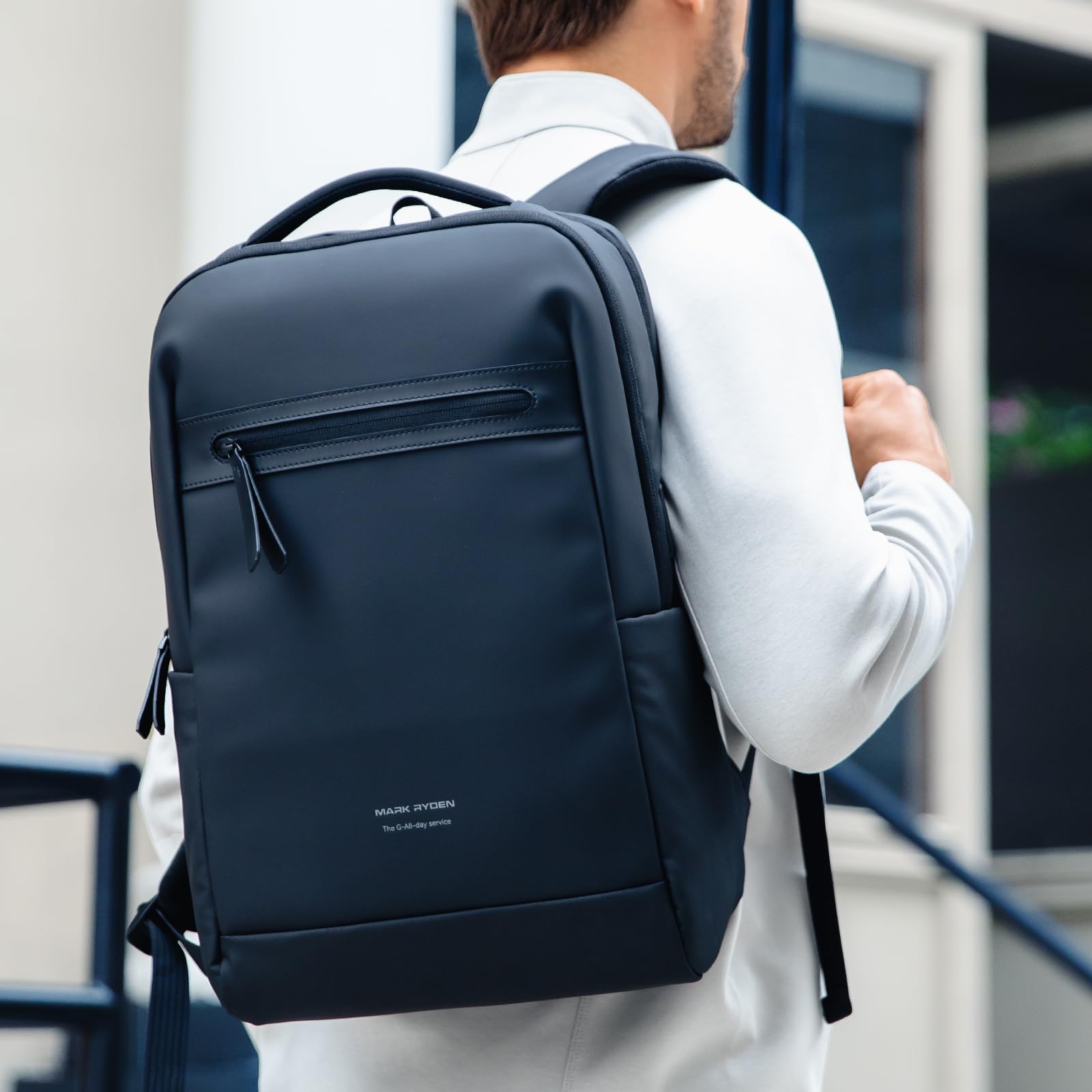 MARK RYDEN PU Impermeabile Zaino per Laptop, Zaino da Lavoro Uomo per 15,6 Pollici, Zaino da Pendolari con Porta di Ricarica USB-C
