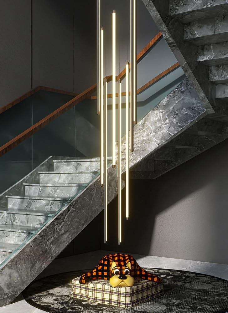 Lampadari da Camino a LED Neri per soffitti Alti Lampadario lineare Lungo sospeso Lampadario lineare Moderno dimmerabile Oro con Telecomando per Soggiorno Tavolo da Pranzo Ingresso RVVU