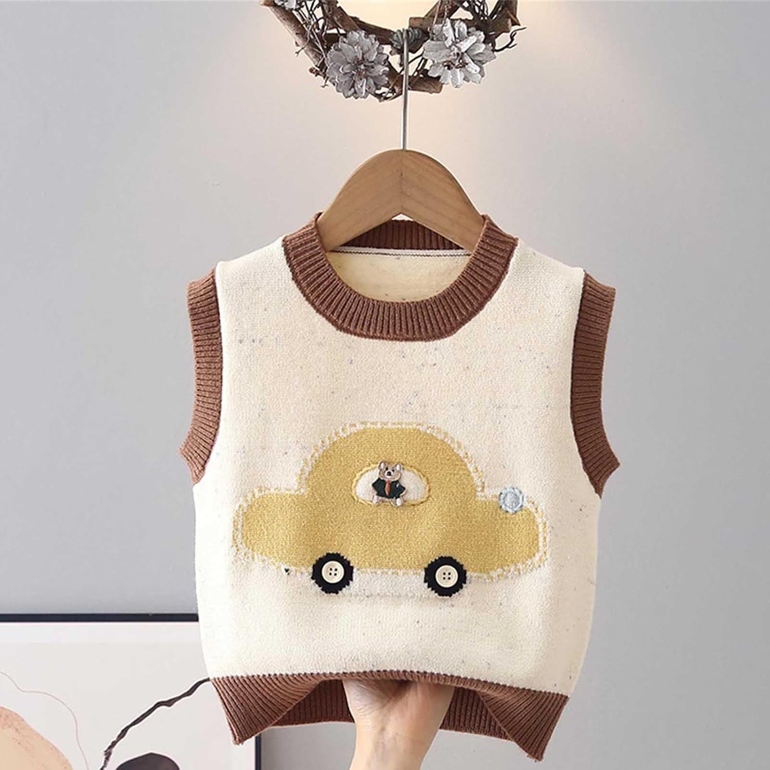Oplxuo Girls Car Graphic Knit Sweater Vest Sleeveless Crew Neck Pullover
