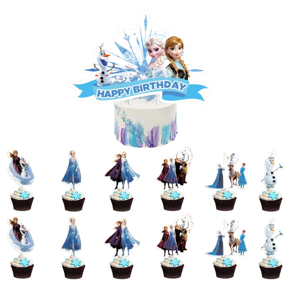 Doodle Kiddo 13 Pcs Frozen Cake Topper Set - Happy Birthday & 12 Cupcake Toppers - Theme Cake Decorations for Girls Birthday Party Supplies