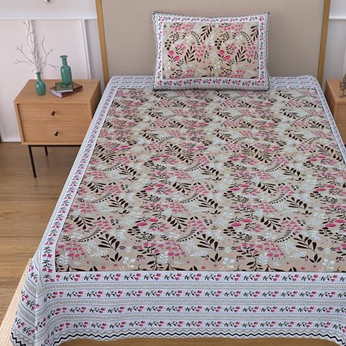 Image of 100% Cotton Single Bedsheet with 1 Pillow Cover | 240 TC Pure Cotton Flat Bed Sheet | Traditional Jaipuri Printed Bedding Set | Soft & Breathable | 60 x 90 Inch (Rangmahal Single 22)