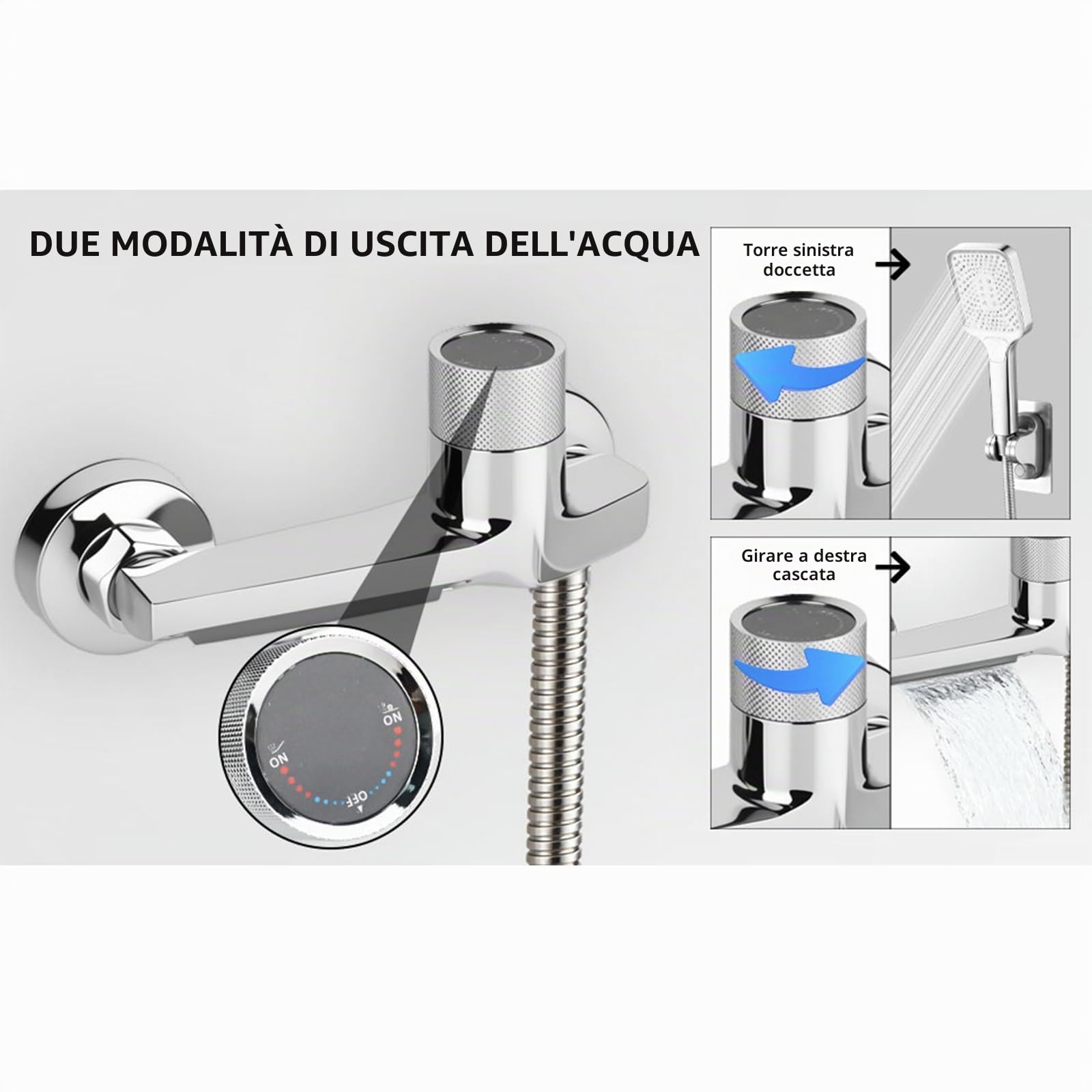 Rubinetto a cascata per vasca con termostato a 2 vie, rubinetto per doccia con pulsante di sicurezza, rubinetto per vasca, miscelatore per doccia, montaggio a parete, per vasca e bagno
