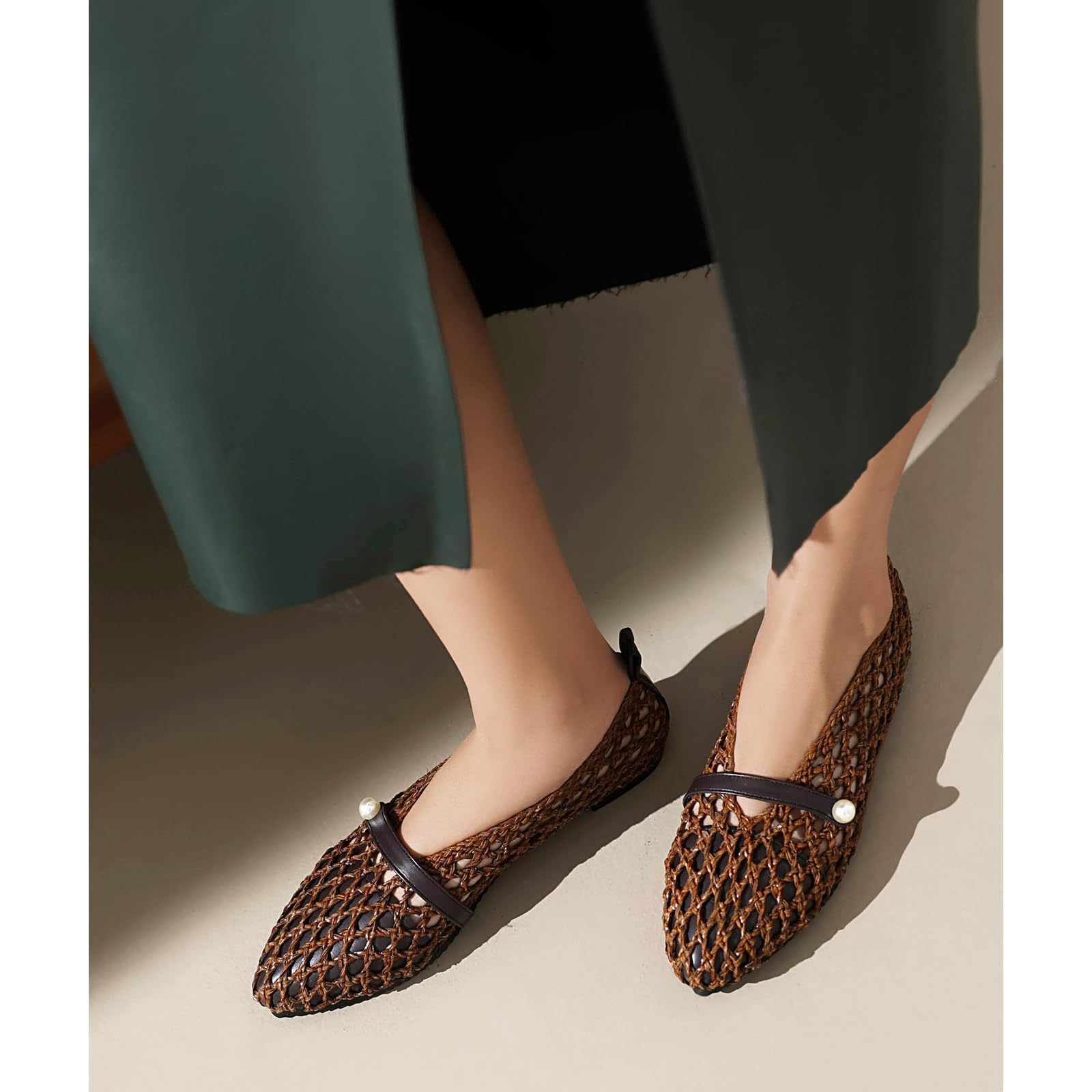 Damskie modne baletki z siatki tkanej, miękkie, spiczaste, wsuwane, perłowe baleriny, eleganckie, oddychające buty plażowe Mary Jane