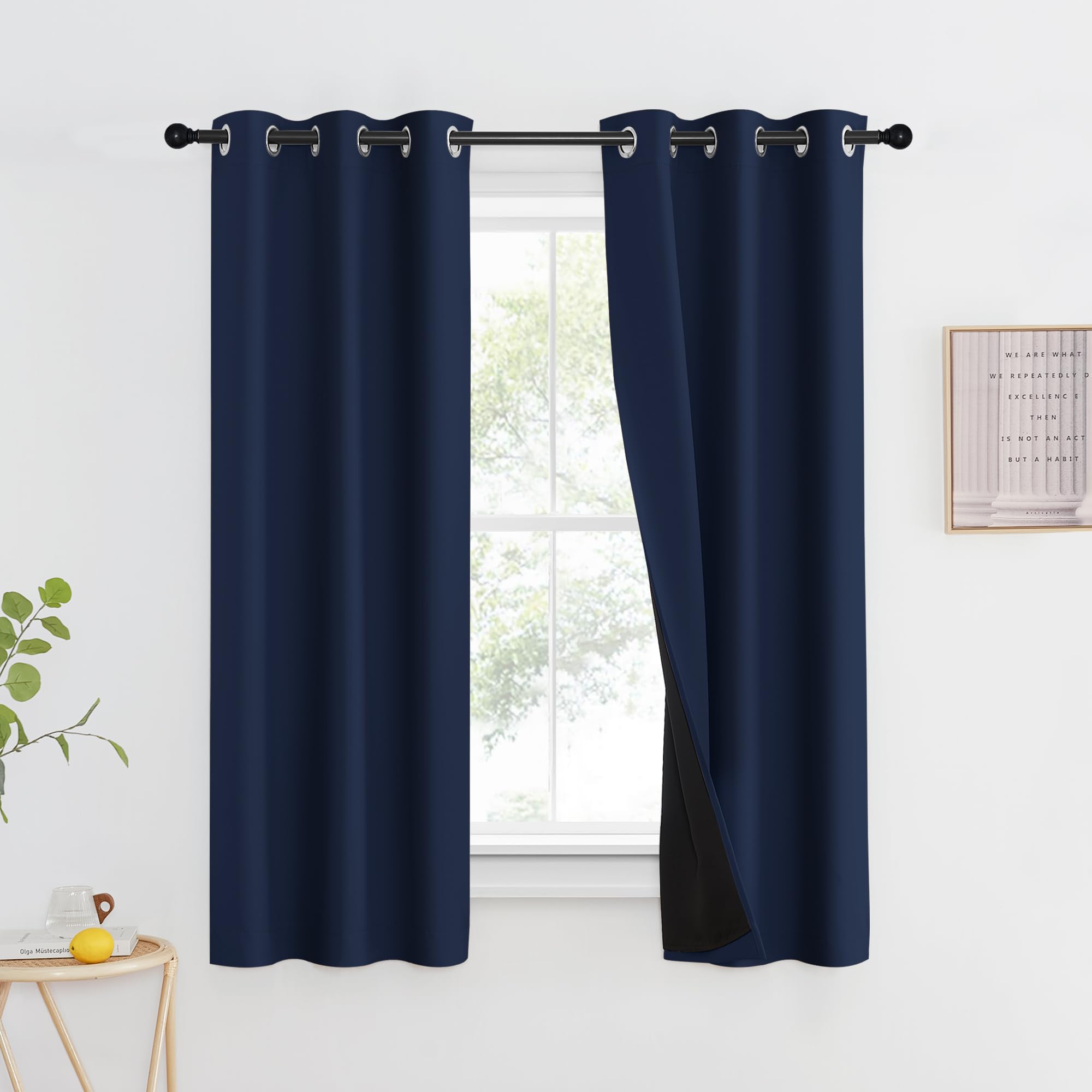 NICETOWN 100% Blackout Curtain Set, Thermal Insulated &amp; Energy Efficiency Window Draperies for Guest Room, Full Shading Panels for Shift Worker and Light Sleepers, Navy Blue, 37W x 60L, 2 PCs