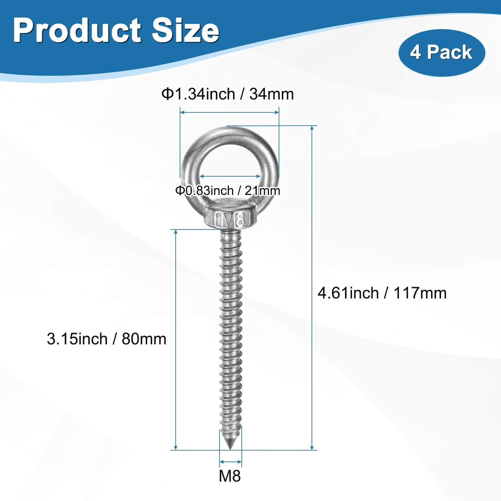 M METERXITY 4-Pack 304 Stainless Steel Eyebolt M8x80mm Shoulder Lifting Eye Bolt Self Tapping Eye Bolts for Wood Securing/Swing/Hanging Hammocks Silver - Image 3