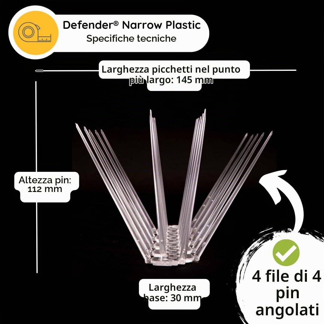 Defender Bird and Pigeon Spikes Dissuasori larghi a spillo in plastica antiuccelli e antipiccioni, Trasparente, 5 metri