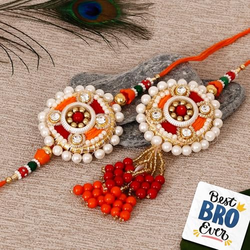 Image of eCraftIndia Beads, Pearls, Decorative Bhaiya Bhabhi Rakhi Set with Best Bro Ever Fridge Magnet and Roli Chawal Pack