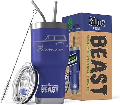 1966-77 Ford Bronco BEAST - Vaso aislado de acero inoxidable de 30 onzas con tapa, 2 popotes, cepillo y caja de regalo, color azul rey