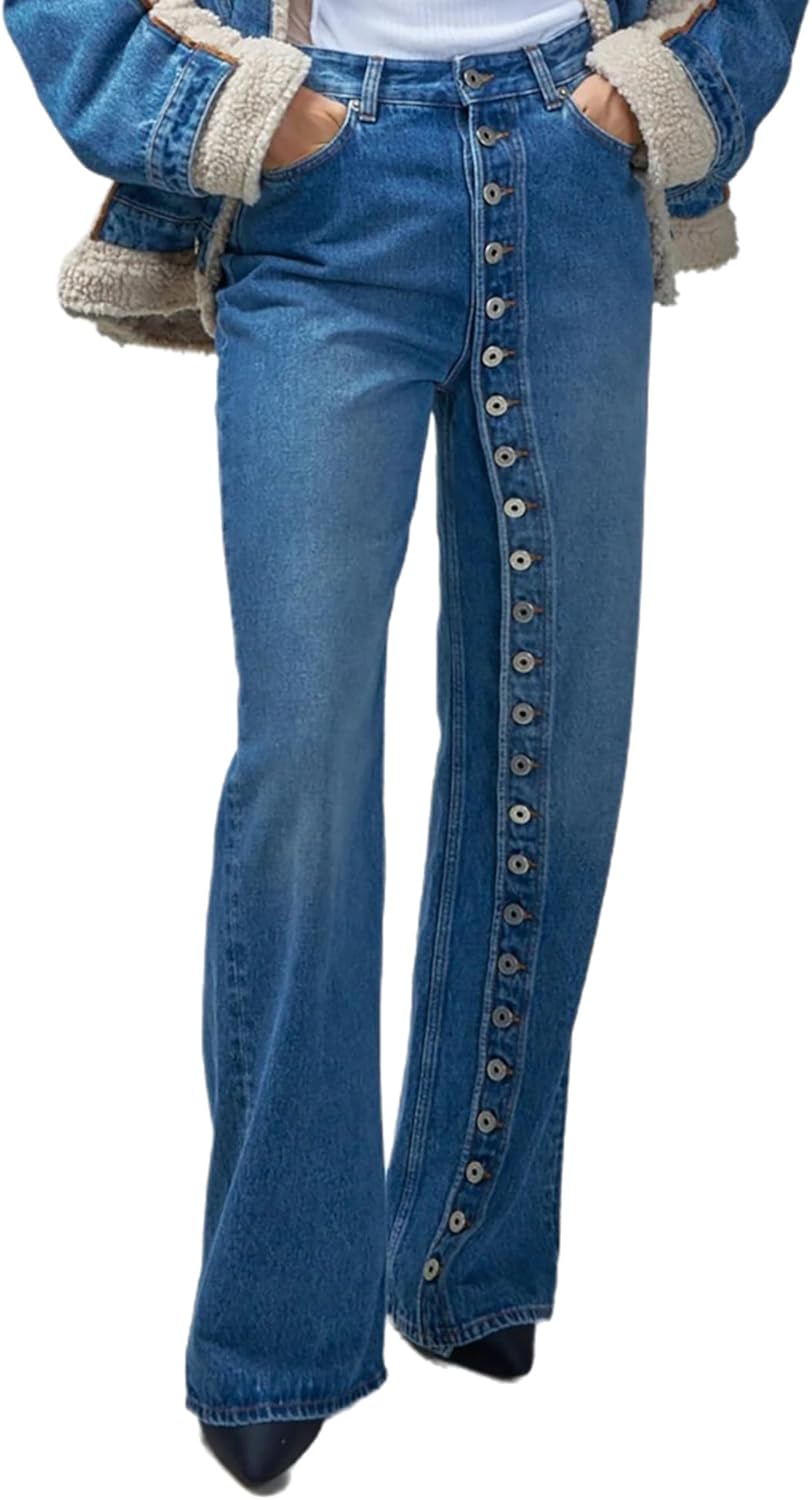 Women's High Waisted Straight Leg Jeans Casual Button Down Boyfriends Wide Leg Denim Pants Trendy 2026 - Image 2