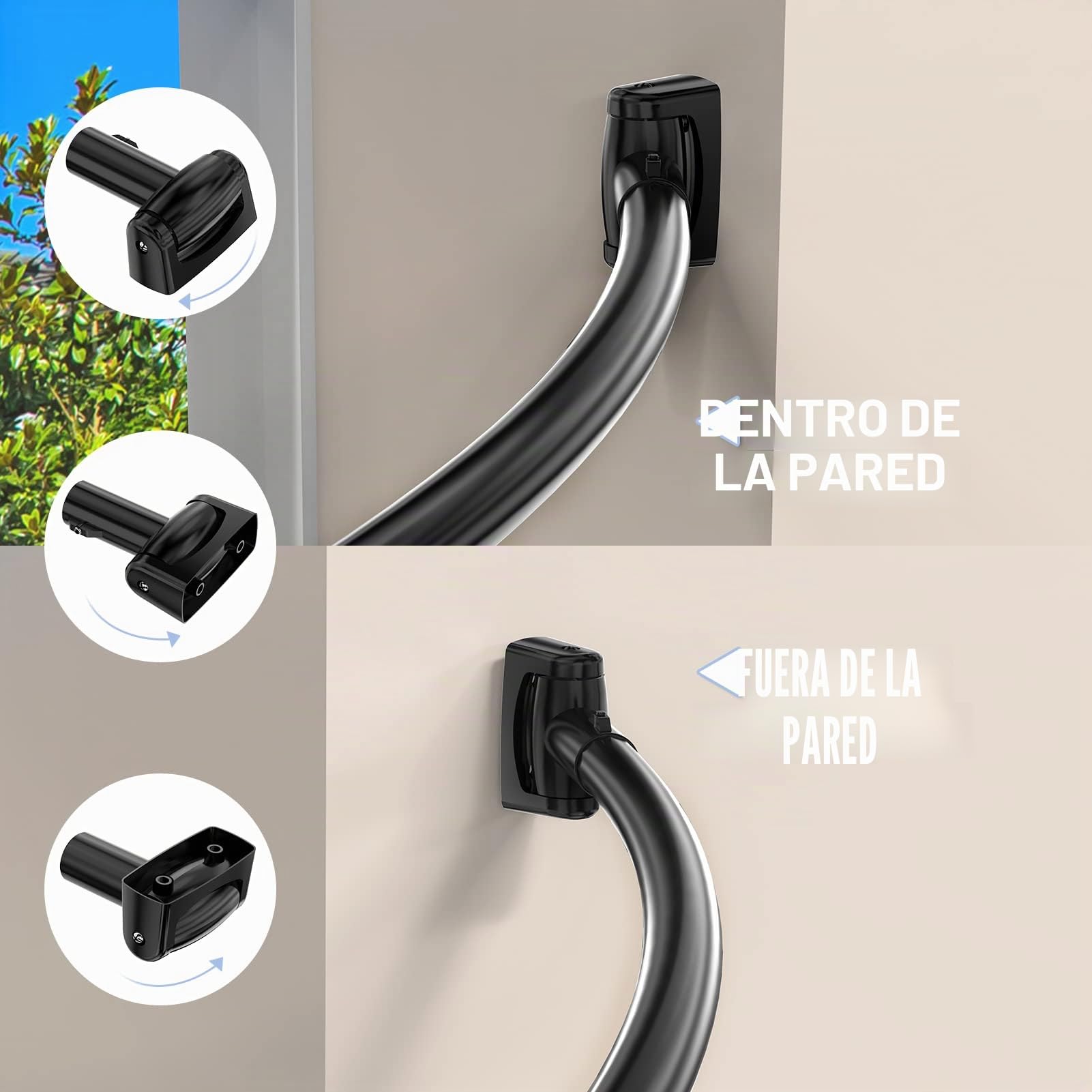 Barra Cortina Ducha Curvada 140-200cm, Acero Inoxidable 304 Extensible, Soporte 25kg, Barra de Ducha con Base Ajustable 180° para Baño, Vestidor y Bañera, Incluye 18 Ganchos, Negro