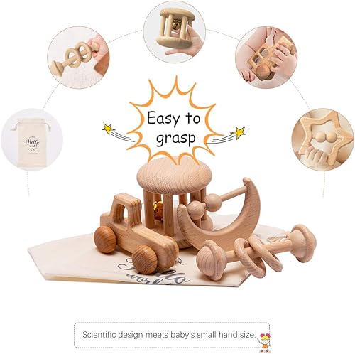 Miniatura 5 de Sonajero de madera para bebé, juego de juguetes de madera personalizable para desarrollo sensorial