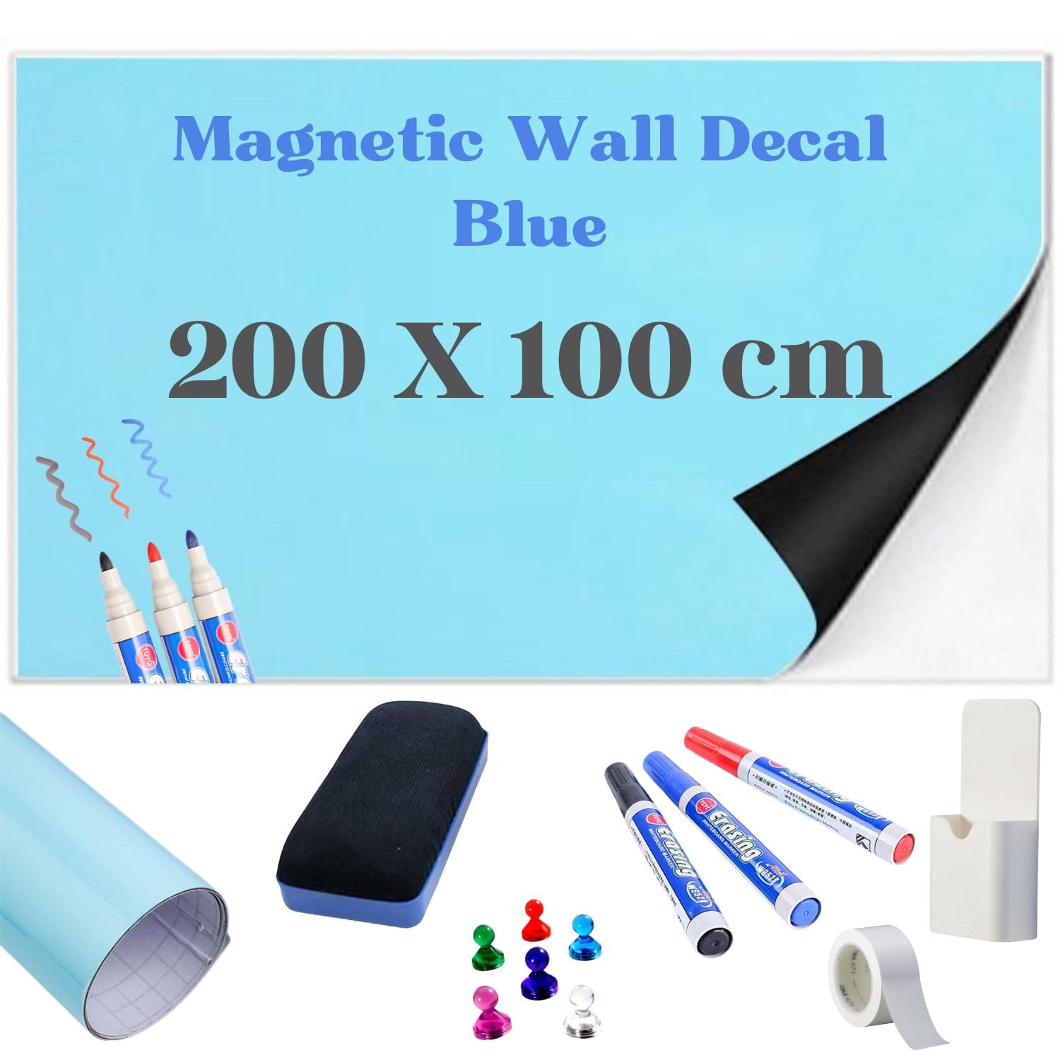 MITHREEL Magnetic Wall Decal – Colored Self-Adhesive Dry Erase Whiteboard Roll, Flexible Magnetic Wall Sticker for Office, Home & School – (Blue 200 X 100 cm)