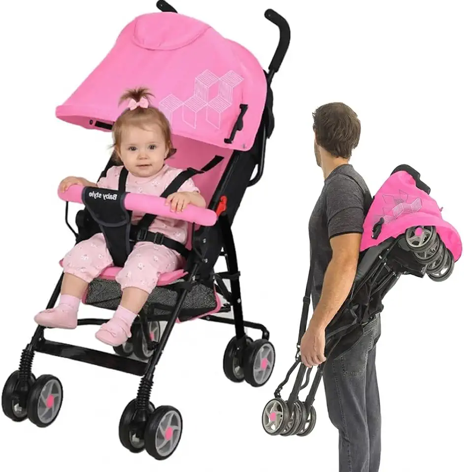 Carrinho de Bebê Guarda Chuva Passeio Leve Infantil Compacto Viagens Dobrável Cinto 5 Pontos Avião Até 15Kg Resistente Umbrella Fecha Fácil Portátil Baby Style Rosa