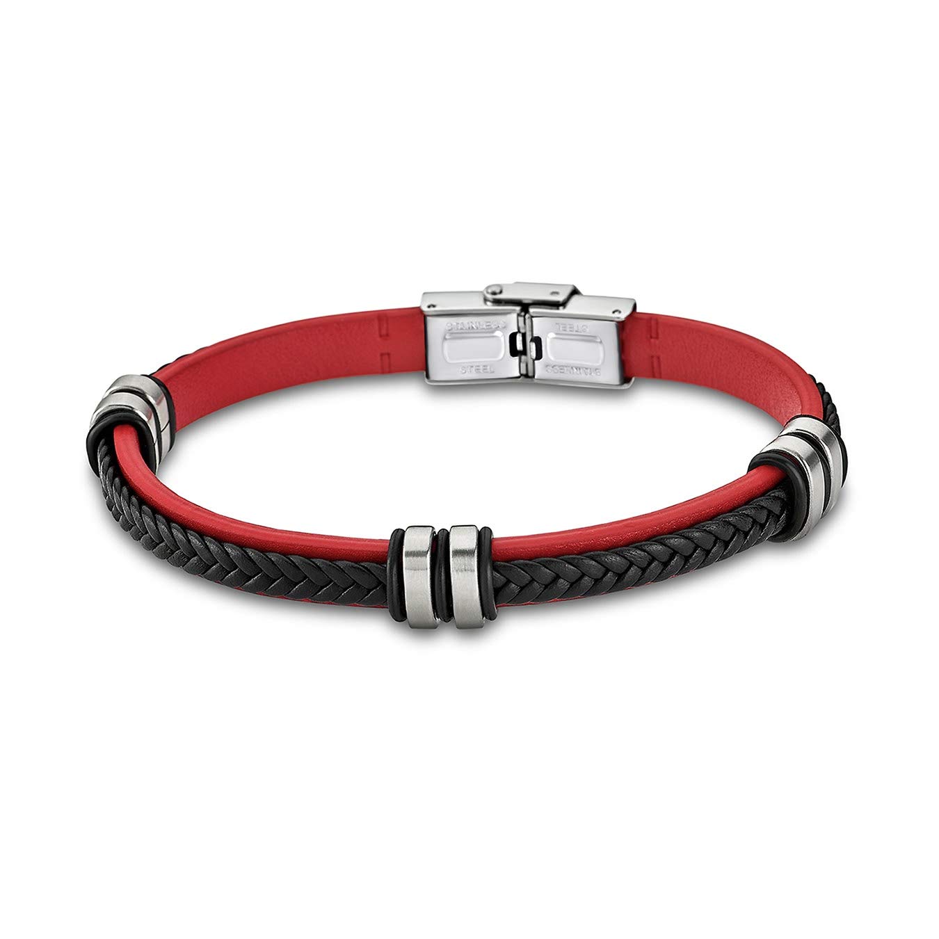 LOTUS Pulsera de piel Style LS1829-2/3, para mujer/hombre, negro y rojo, D2JLS1829-2-3, un bonito regalo para Navidad, cumpleaños, para el hombre, 22 centimeters, Cuero Acero inoxidable piel