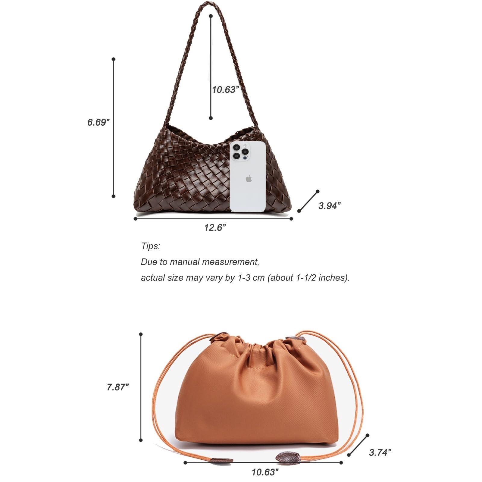 Borse da Donna Borsa A Spalla Hobo Tessuta Mano con Interna Cordone Rimovibile Giornaliera di Lusso delle Donne-Coffee