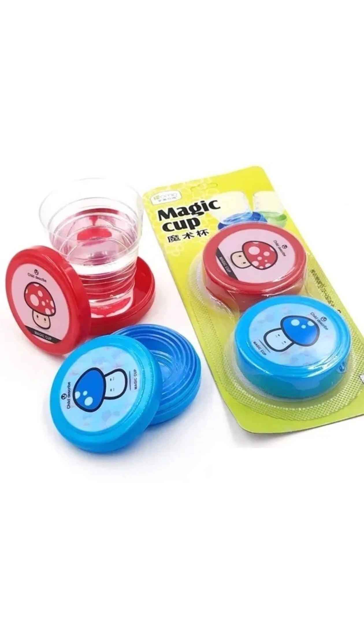 Orbimart Magic Cup Retractable Collapsible Travel Cup, Clear Plastic with Green Base, 3.2 Inch Height, Portable Foldable Design with Cartoon Mushroom Pattern, 2 Pack-image-38