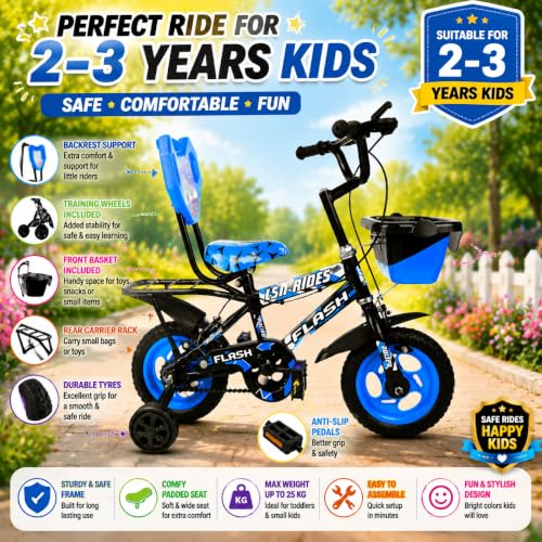 Image of Flash Baby Cycle for Kids 2-3Years | 10 Inch Bike with Training Wheels, Storage Basket, Comfortable Seat & Carrier