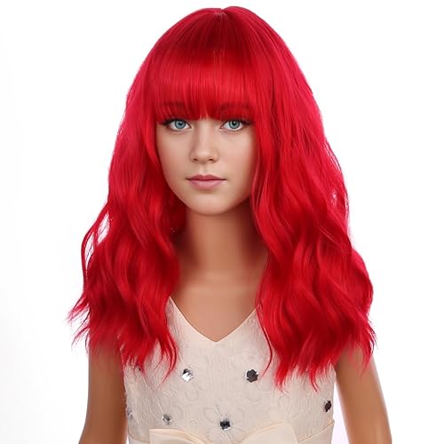 Miniatura 3 de Peluca roja corta ondulada roja con flequillo, peluca roja para niñas, resistente al calor, pelo sintético (rojo)