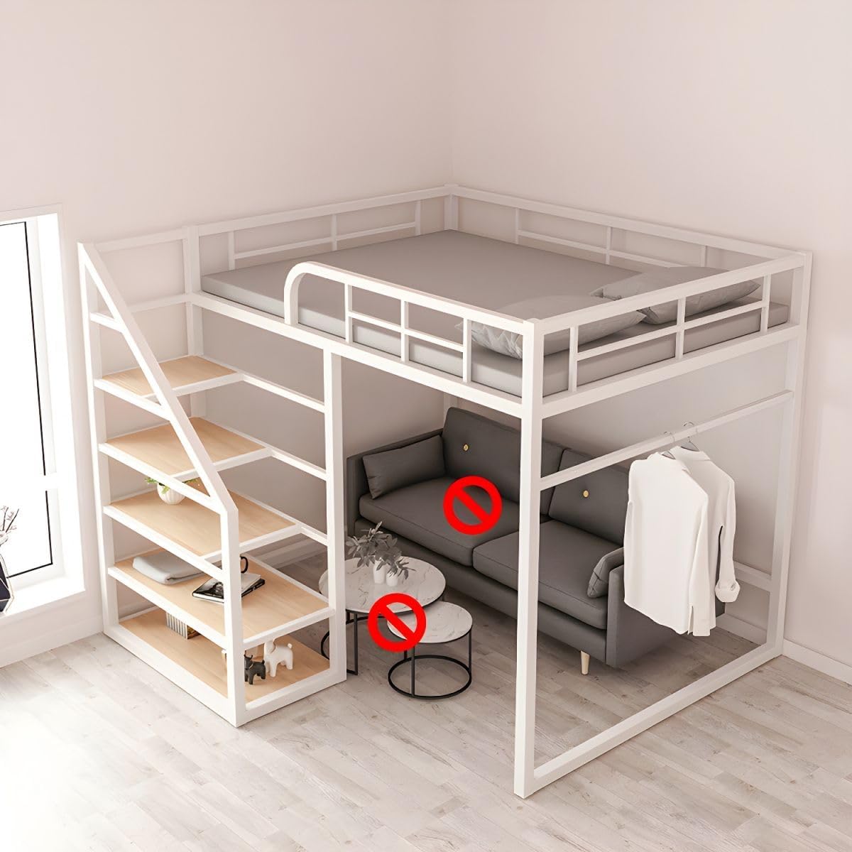LAKIQ Loft Bed with Step Storage Small Room Metal Frame