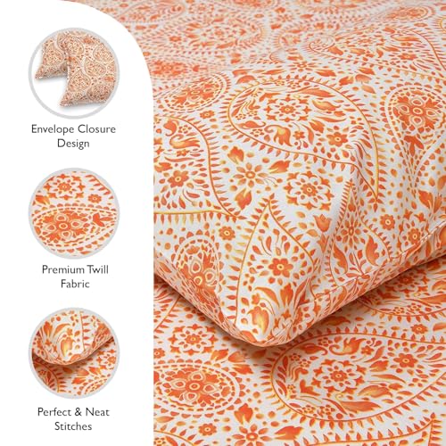 Image of LINENWALAS 100% Cotton Twill Weave All-Around Elastic Fitted Bedsheet with 2 Pillow Covers for Queen Size Bed - 200 TC, Soft Durable & Economical Printed Sheets (60x78 Inch, Paisley Drop Orange)