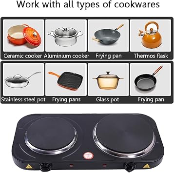Compact and Portable Countertop Burner- Countertop Double Cast Iron Burner 2000 Watts Electric Hot Plate Temperature Controls Black