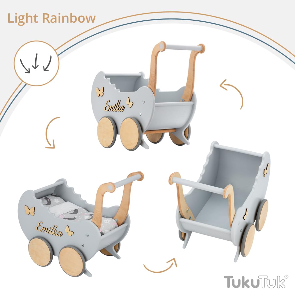 Landau de Poupée en Bois Light Rainbow Individuellement avec des Noms - Chariot Pousseur bébé Bois - Poussette Poupee Décoration - Poussette Canne Poupee - Chariot Enfant (Gris)