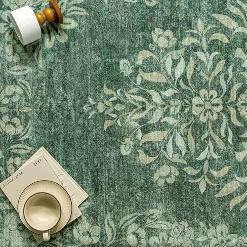 8x10 Area Rug Green Washable Vintage Distressed Living Room Carpet Large Bedroom Indoor Medallion Floral Non Slip Retro Throw Floor Mat for Office Dining Room Kitchen Bathroom
