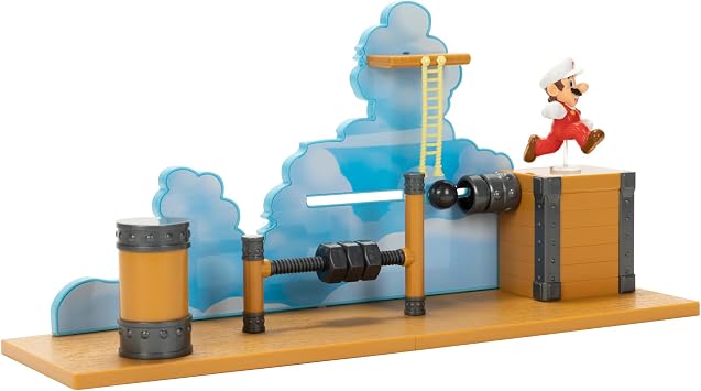 Super Mario Deluxe 2.5in Bowser's Air Ship Playset with Fire Mario Action Figure, Rope Ladder and Screw-Bolt Obstacles