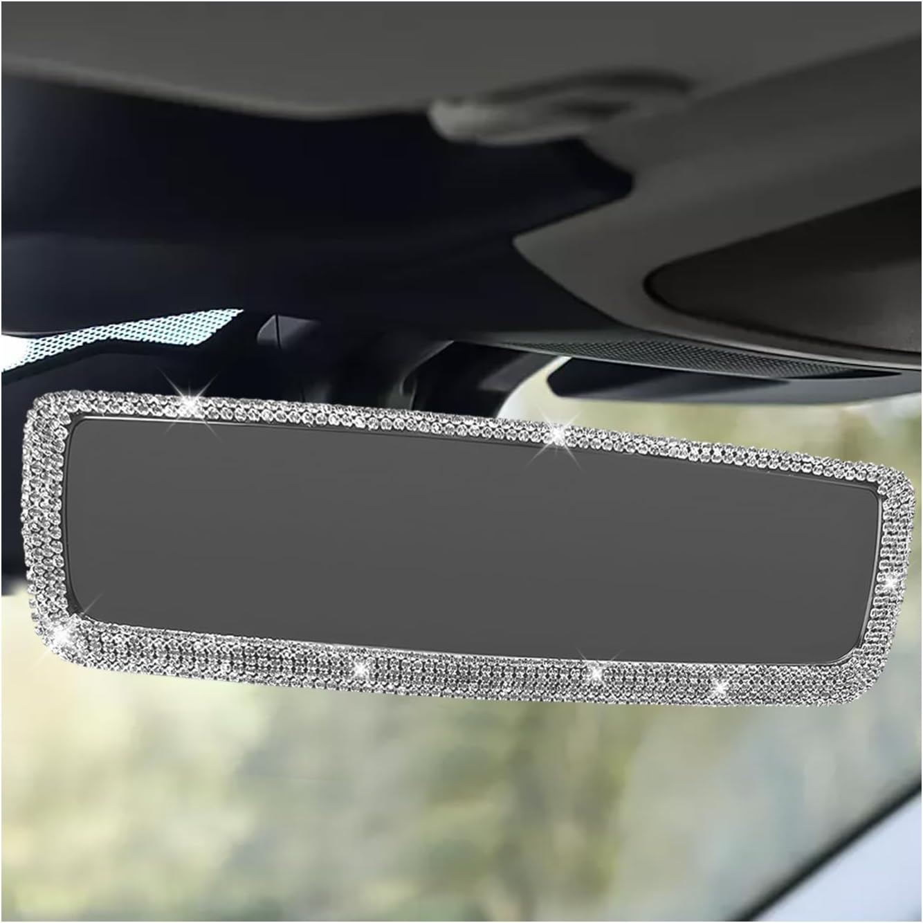 Bling Car Rear View Mirror, Clip-On Auto Rearview Mirror Stylish Decoration with Crystal Diamonds, Panoramic HD Glass Vehicle Interior Rear View Mirrors for Women Girls (Silver)
