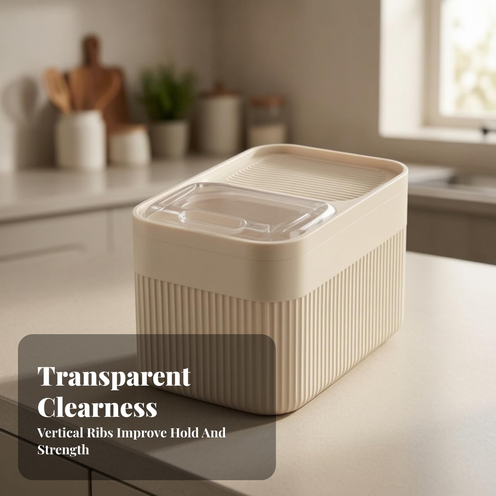 Contenitore per Riso e Coperchio Design Salvaspazio, Contenitore per riso e Misurino, Compatto, ripostiglio, Trasparente, 5KG