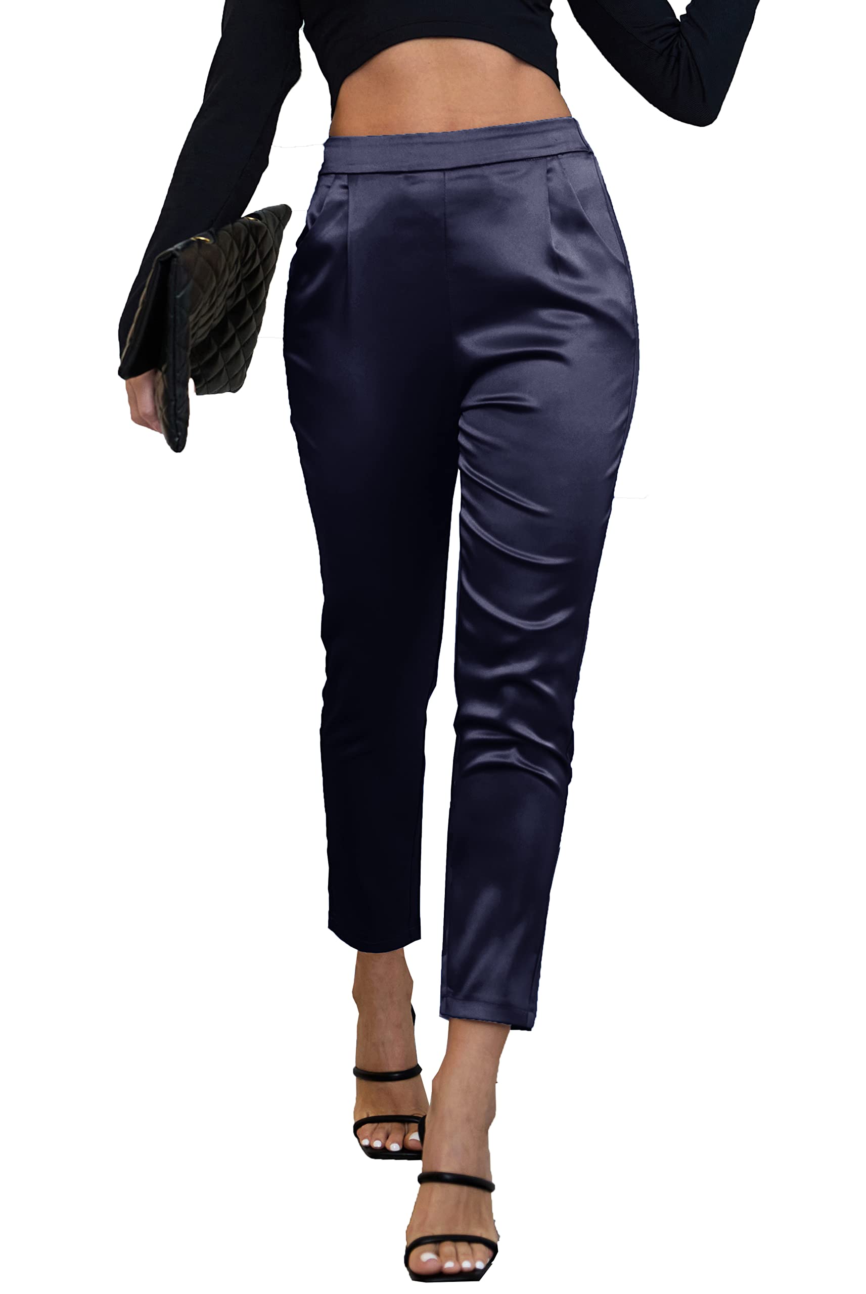 Heipeiwa Damen Satin-Hose, lässig, plissiert, hohe Taille, Hose mit Taschen
