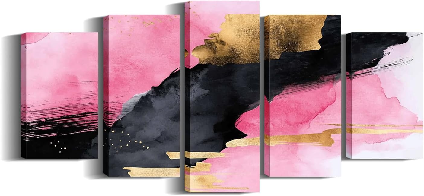 5Pcs Navy Blue and Gold Canvas Print Wall Art Abstract Picture Wall Decor Framed White Texture Painting Modern Artwork for Living Room Bedroom Ready to Hang - 8x14inx2 8x18inx2 8x22inx1