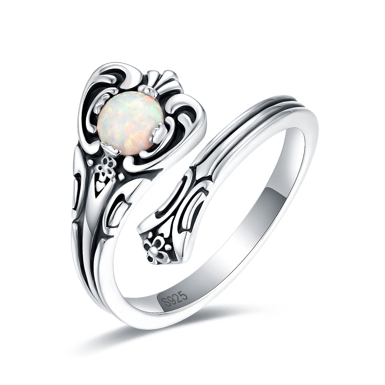 STROLLGIRL S925 Sterling Silver Opal Spoon Boho Wrap Vintage Promise Ring