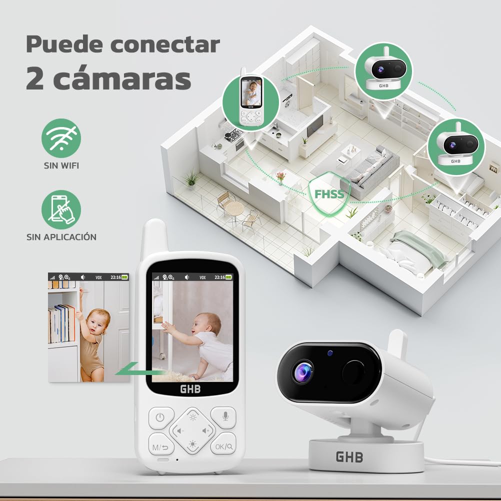 GHB Camara Vigilancia Bebe Vigilabebes con Camara con Pantalla IPS 2.8" 720P Recargable de 2000mAh Visión Nocturna 8 Canciones de Cuna Comunicación Bidireccional VOX Escucha Bebes